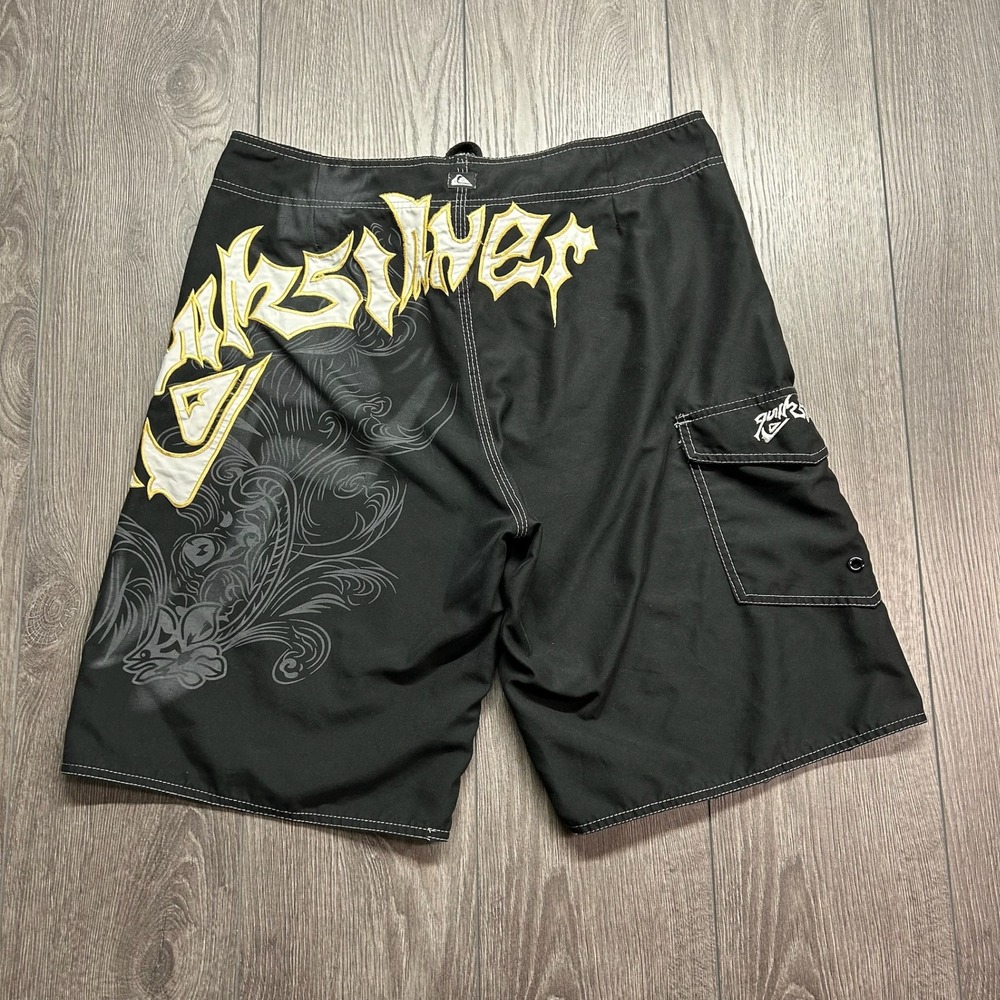 Quiksilver Mens Y2K Embroidered Spellout Board Shorts 36 Surf Vintage Trunks